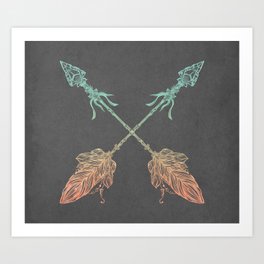 Tribal Arrows Turquoise Coral Gradient on Gray Art Print