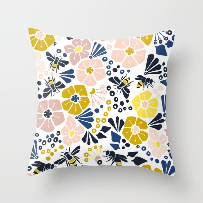 Flower meadow with bees Throw Pillow