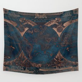 Rose gold and cobalt blue antique world map with sail ships Wall Tapestry