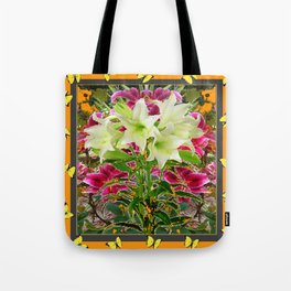 YELLOW BUTTERFLIES ASIAN LILY FLOWERS FLORAL ART Tote Bag
