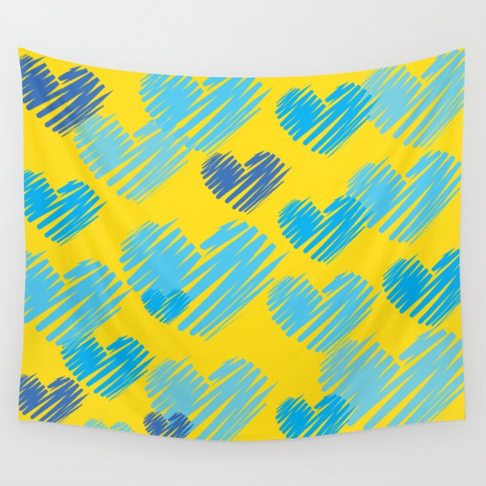 Hearts in Bunches, Cerulean Blue on Yellow Wall Tapestry