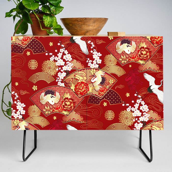 Spring Japanese background with fans and cranes Credenza