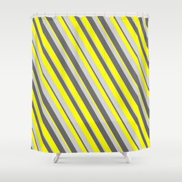 [ Thumbnail: Dim Grey, Yellow & Light Gray Colored Stripes/Lines Pattern Shower Curtain ]