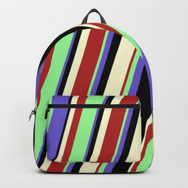 [ Thumbnail: Green, Slate Blue, Black, Light Yellow, and Red Colored Stripes Pattern Backpack ]