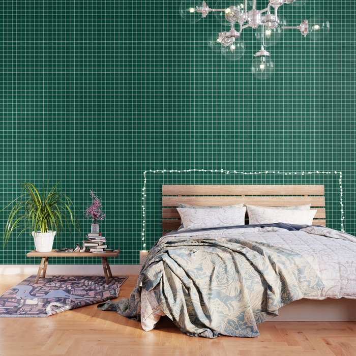 Castleton green - green color - White Lines Grid Pattern Wallpaper