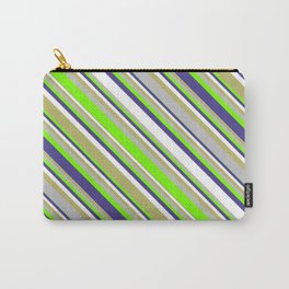 [ Thumbnail: Eyecatching Green, Dark Slate Blue, White, Dark Khaki & Grey Colored Lined Pattern Carry-All Pouch ]