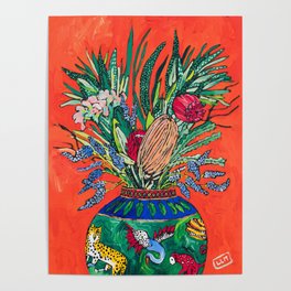 Banksia Bouquet in Cheetah Vase on Vermilion Orange Fauvist Painting  Poster