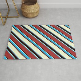 [ Thumbnail: Light Yellow, Deep Sky Blue, Brown & Black Colored Lines/Stripes Pattern Rug ]