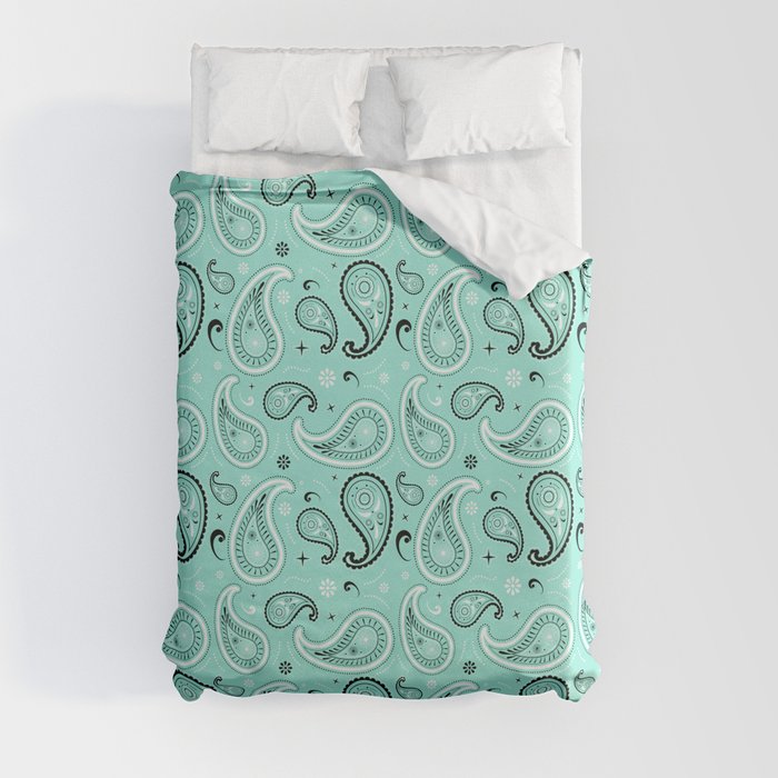 Black and White Paisley Pattern on Mint Blue Background Duvet Cover