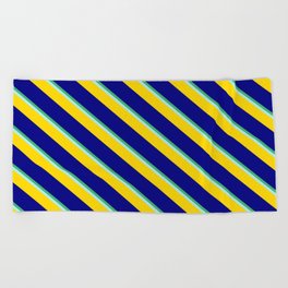 [ Thumbnail: Sea Green, Turquoise, Yellow & Blue Colored Stripes Pattern Beach Towel ]