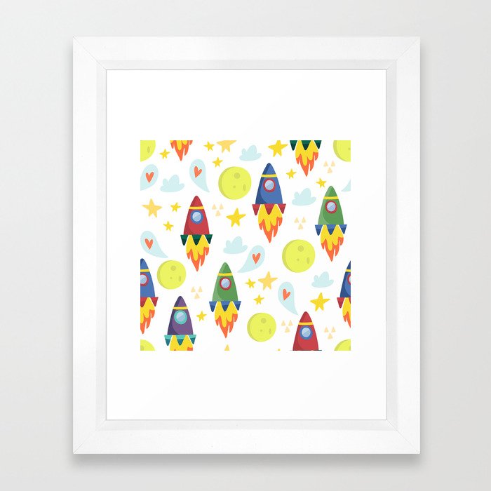 Rocket Ships with moon and stars on white background Framed Art Print