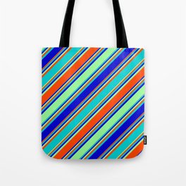 [ Thumbnail: Dark Turquoise, Blue, Green, and Red Colored Striped Pattern Tote Bag ]