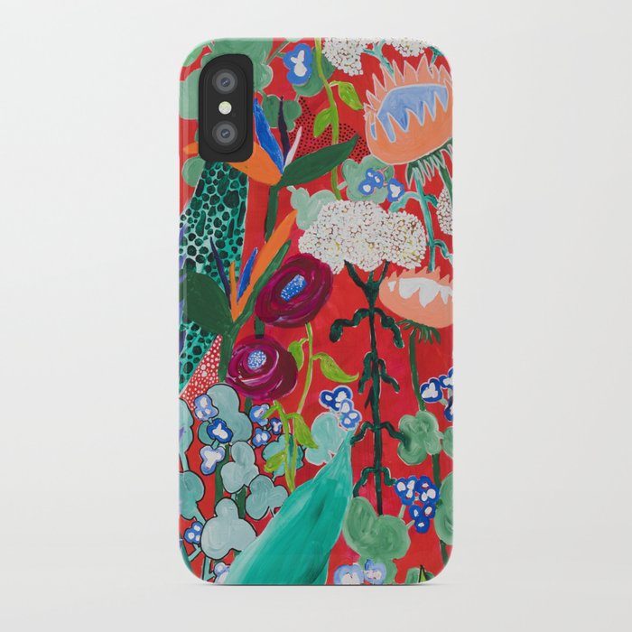 Red floral Jungle Garden Botanical featuring Proteas, Reeds, Eucalyptus, Ferns and Birds of Paradise iPhone Case
