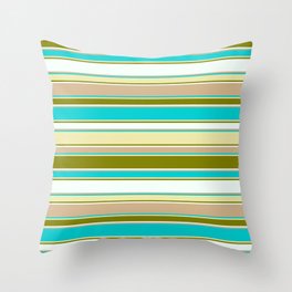 [ Thumbnail: Colorful Dark Turquoise, Pale Goldenrod, Green, Mint Cream & Tan Colored Lined/Striped Pattern Throw Pillow ]