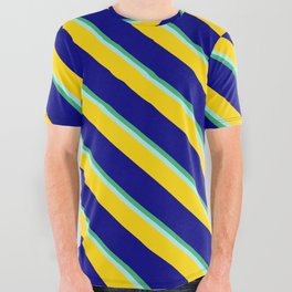 [ Thumbnail: Sea Green, Turquoise, Yellow & Blue Colored Stripes Pattern All Over Graphic Tee ]