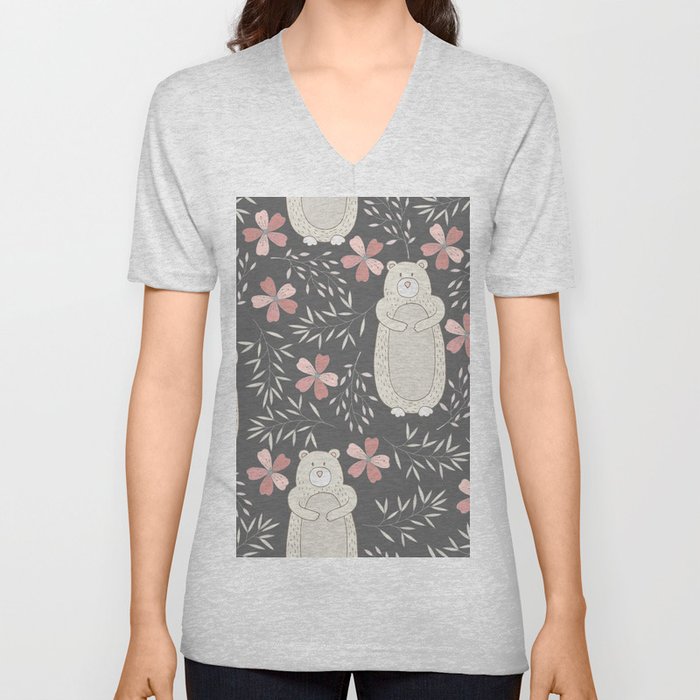 Bear and Flowers V Neck T Shirt