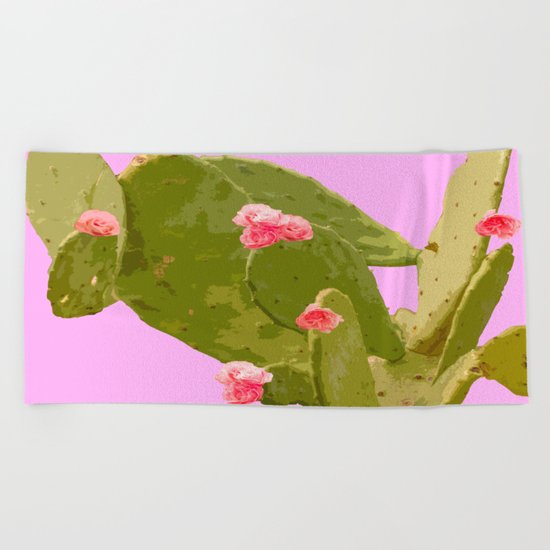 Green cactus with pink flowers on a bright pink background - summer mood Beach Towel
