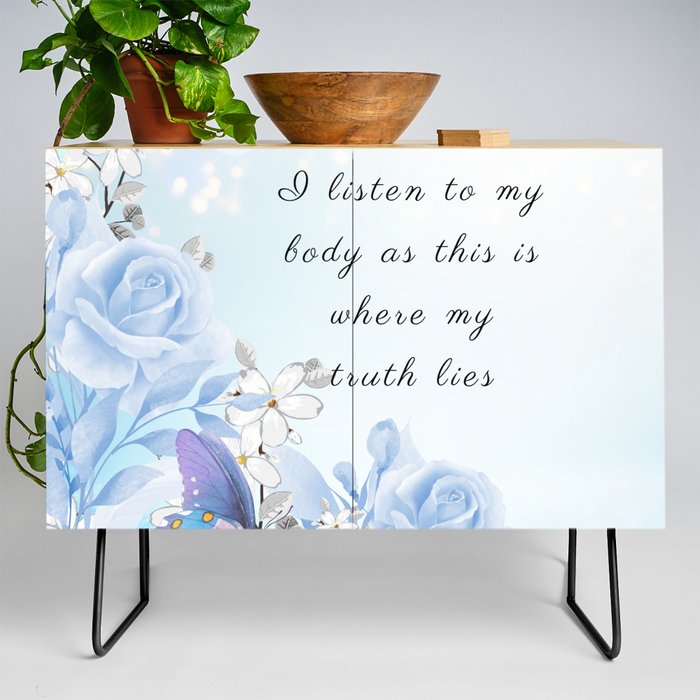 Blue and Purple Roses I Listen to My Body Embodiment Affirmation Credenza