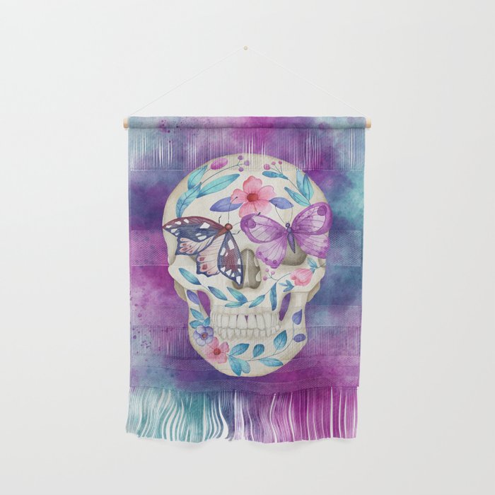 Watercolor Sugar Skull with Flowers & Butterflies Wall Hanging