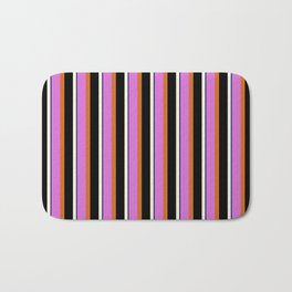 [ Thumbnail: Orchid, Chocolate, Black, Beige & Midnight Blue Colored Lined/Striped Pattern Bath Mat ]