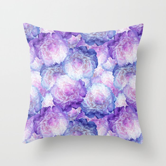 Blue and Purple Peonies Oil Painted Floral Throw Pillow