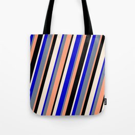 [ Thumbnail: Colorful Blue, Slate Gray, Light Salmon, Black, and Beige Colored Lined/Striped Pattern Tote Bag ]
