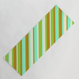 [ Thumbnail: Beige, Green, Dark Goldenrod, and Aquamarine Colored Striped/Lined Pattern Yoga Mat ]