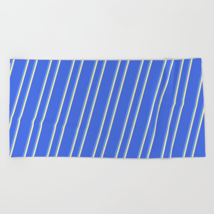 Royal Blue, Cornflower Blue & Pale Goldenrod Colored Lined Pattern Beach Towel