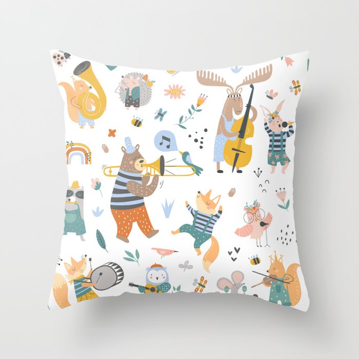 Colorful cartoon style musical Animals 2  Throw Pillow