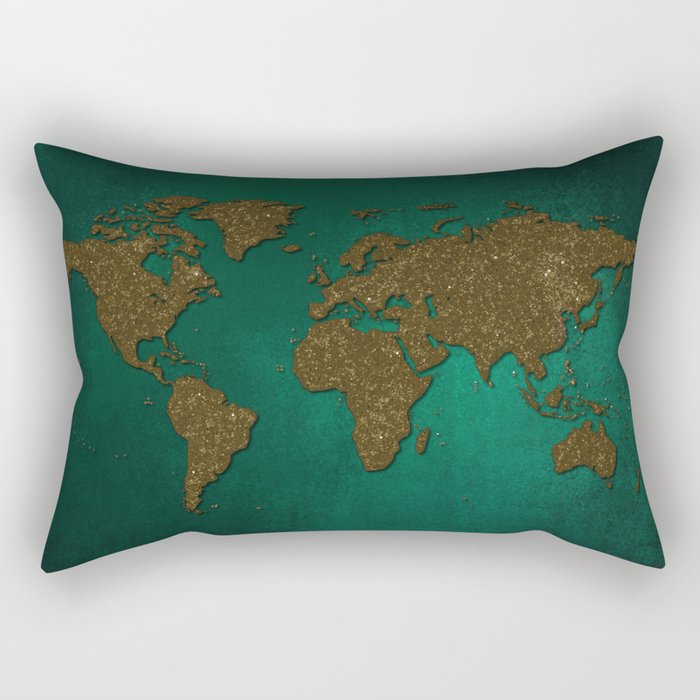 Teal and gold world map Rectangular Pillow