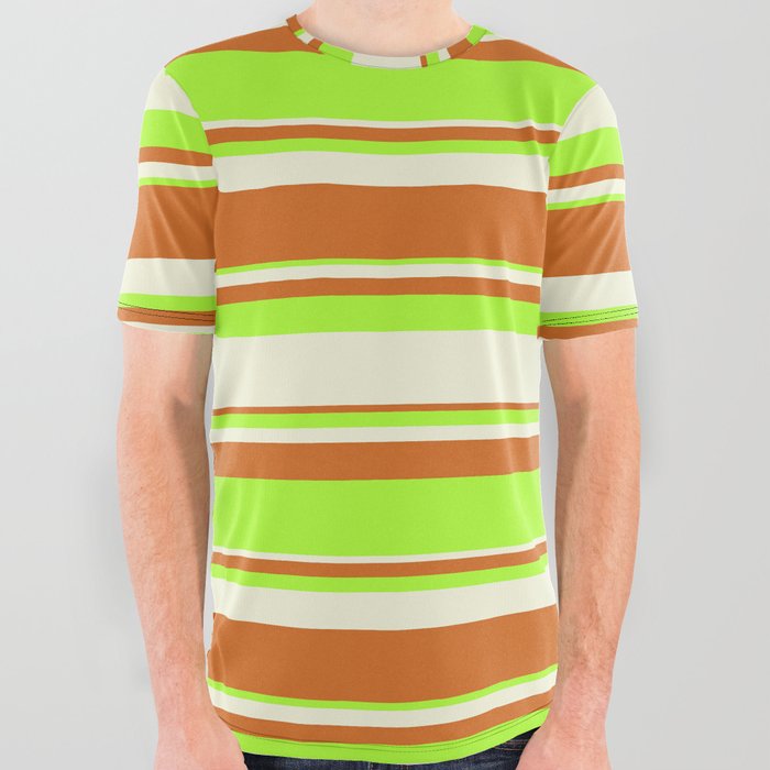 Beige, Chocolate & Light Green Colored Lined/Striped Pattern All Over Graphic Tee