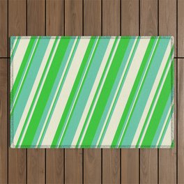[ Thumbnail: Lime Green, Aquamarine & Beige Colored Stripes/Lines Pattern Outdoor Rug ]