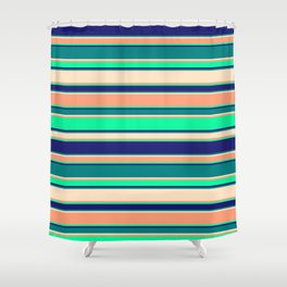 [ Thumbnail: Vibrant Light Salmon, Green, Midnight Blue, Teal, and Bisque Colored Pattern of Stripes Shower Curtain ]