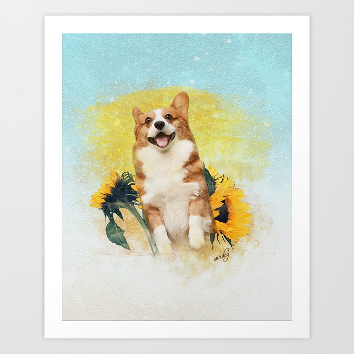 Sundog Cute Corgi Puppy And Sunflowers Painting Art Print By Good Vibes Inspirational Quotes Mand Society6