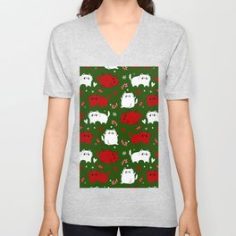 Christmas Cats and Candy Canes (Green) V Neck T Shirt