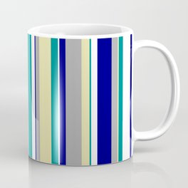 [ Thumbnail: Eye-catching Dark Cyan, Pale Goldenrod, Dark Grey, Blue, and White Colored Lines Pattern Coffee Mug ]