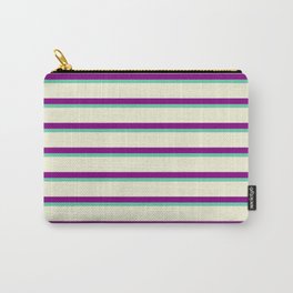 [ Thumbnail: Aquamarine, Beige & Purple Colored Lined Pattern Carry-All Pouch ]