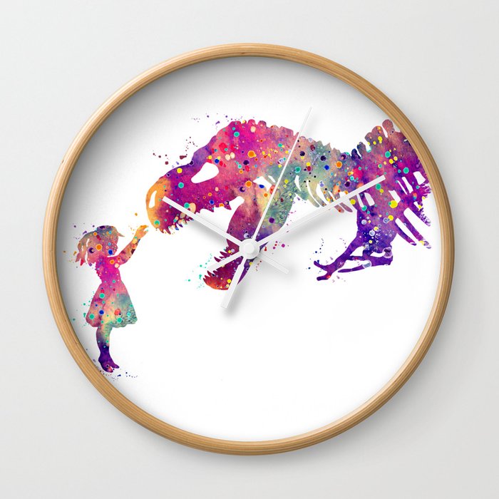 Girl and Dinosaur T-Rex Art Animals Nursery Decor Kids Room Watercolor Print Purple Home Decor Wall Clock