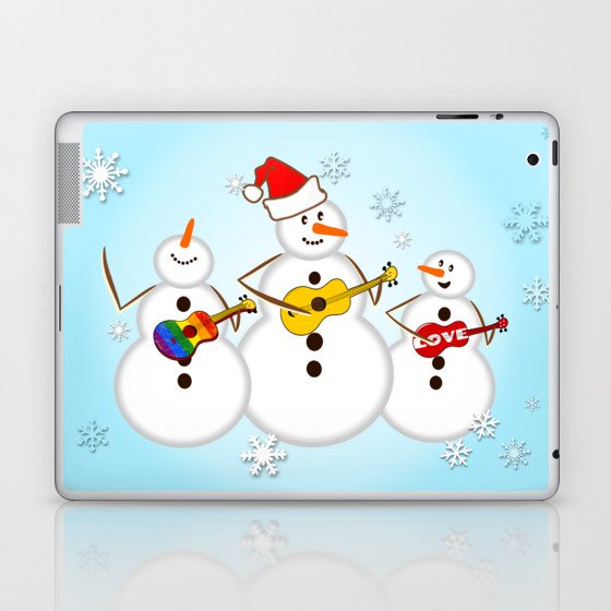 Happy Snowmen Playing Ukulele in Snow Laptop & iPad Skin