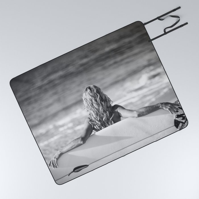 Little surfer girl beach female women surfing black and white photograph / photography / photographs for home and wall decor Picnic Blanket
