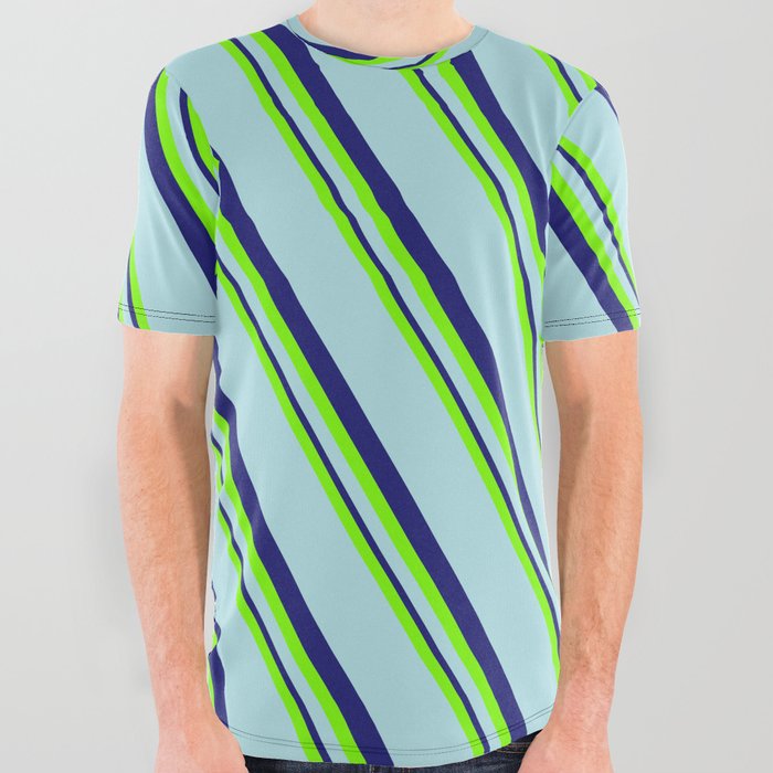 Green, Powder Blue, and Midnight Blue Colored Pattern of Stripes All Over Graphic Tee