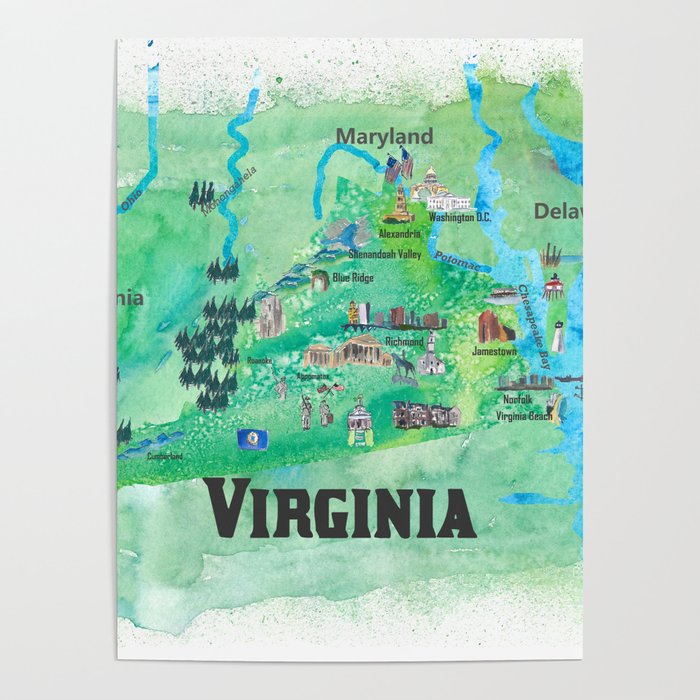 USA Virginia State Travel Poster Map with Touristic Highlights Poster