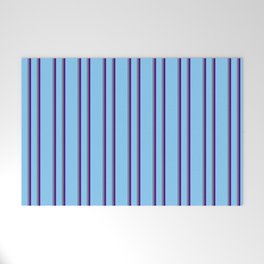 [ Thumbnail: Light Sky Blue, Slate Gray, and Indigo Colored Lines Pattern Welcome Mat ]