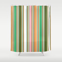 [ Thumbnail: Colorful Sea Green, Light Pink, Dark Olive Green, Brown, and White Colored Lines Pattern Shower Curtain ]