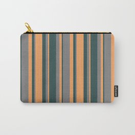 [ Thumbnail: Grey, Dark Slate Gray & Brown Colored Lined/Striped Pattern Carry-All Pouch ]