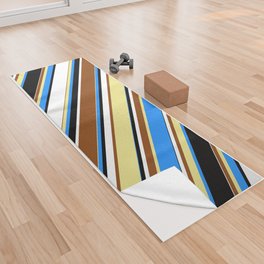 [ Thumbnail: Eyecatching Blue, Tan, Brown, White, and Black Colored Lined/Striped Pattern Yoga Towel ]