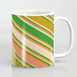 [ Thumbnail: Coral, Tan, Forest Green, and Dark Goldenrod Colored Stripes/Lines Pattern Coffee Mug ]