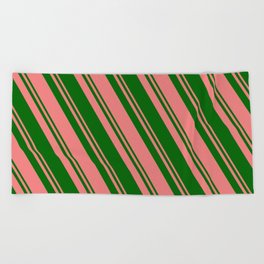 [ Thumbnail: Light Coral and Dark Green Colored Lines Pattern Beach Towel ]