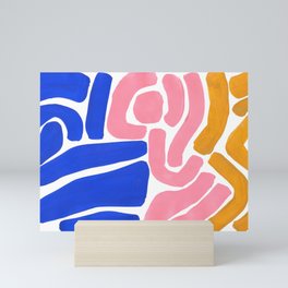 Colorful Minimalist Mid Century Modern Shapes Pink Ultramarine Blue Yellow Ochre Tribal Maze Pattern Mini Art Print