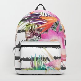 Tropical floral leaves and flamingos stripes Backpack